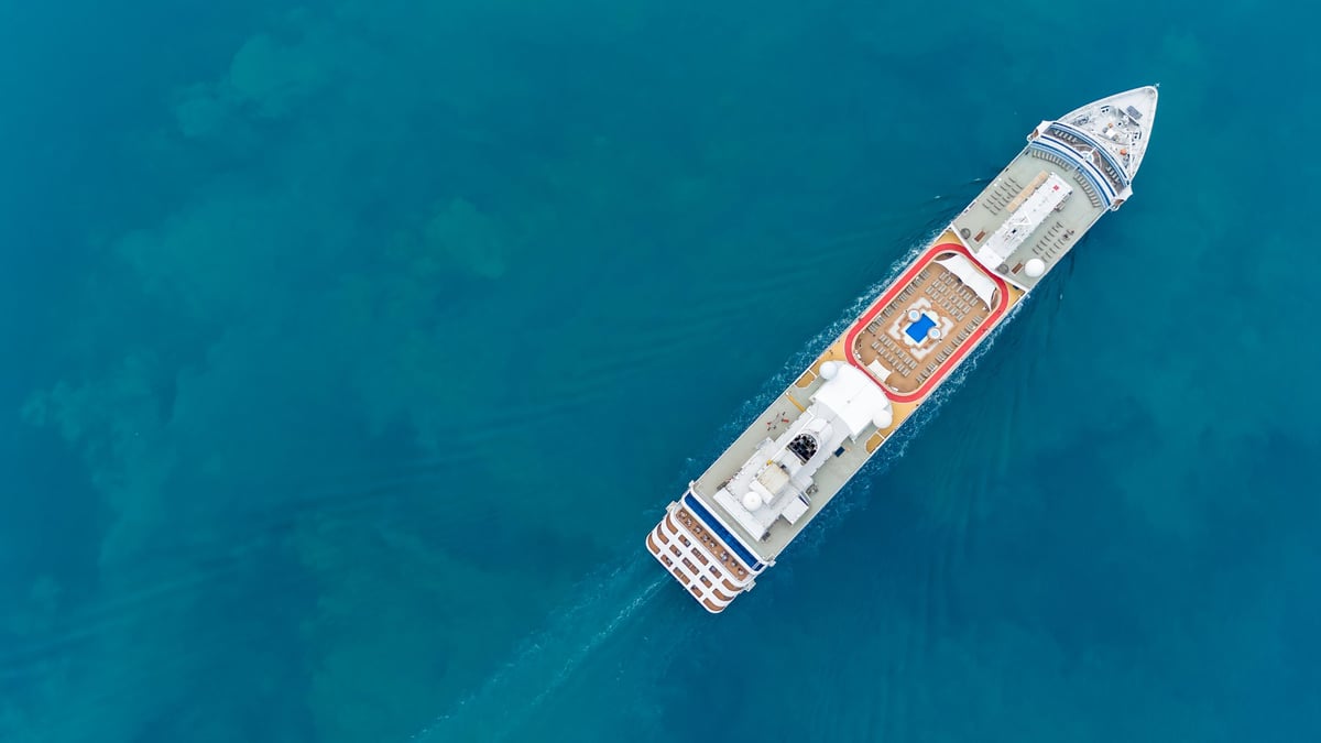 White cruise ship sailing the ocean in early morning light