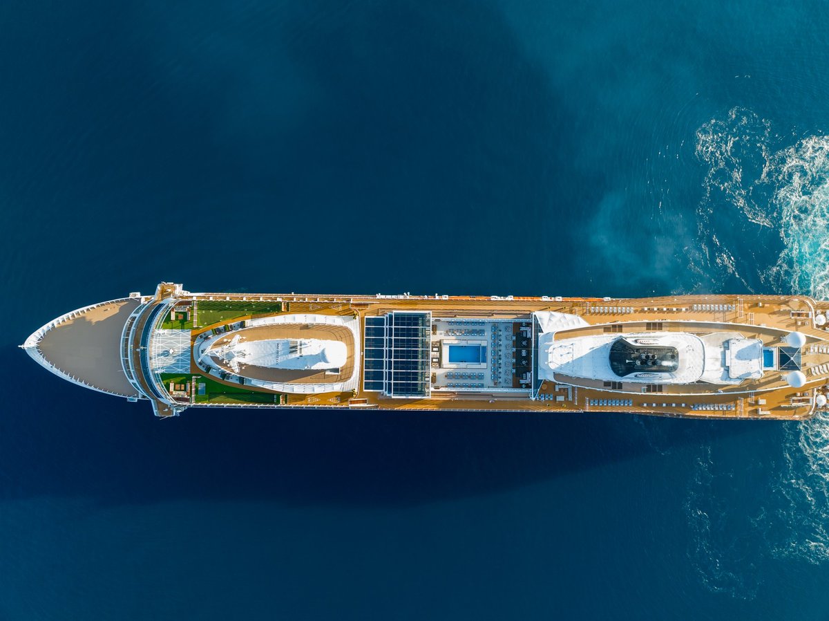 Aerial view of a luxury cruise ship's top decks and pools